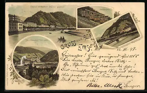 Lithographie Bad Ems, Kursaal und Promenade, Malbergbahn, Totalansicht