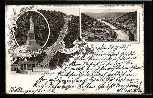 Lithographie Ems, Denkmal Kaiser Wilhelm I., Malbergbahn