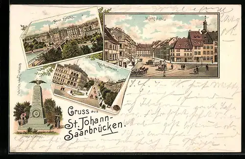 Lithographie St. Johann-Saarbrücken, Neue Brücke, Marktplatz, Reichsstrasse