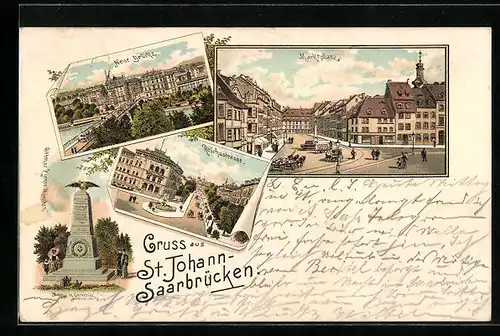 Lithographie St. Johann-Saarbrücken, Neue Brücke, Marktplatz, Reichsstrasse