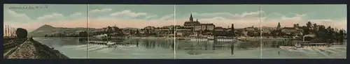 Klapp-AK Leitmeritz a. d. Elbe, Blick vom Fluss auf die Stadt, Dampfer Pillnitz und Habsburg