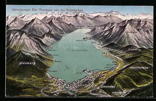 AK Gmunden, Der Traunsee aus der Vogelschau