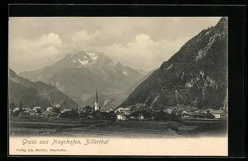 AK Mayrhofen, Bergpanorama mit Ortsansicht