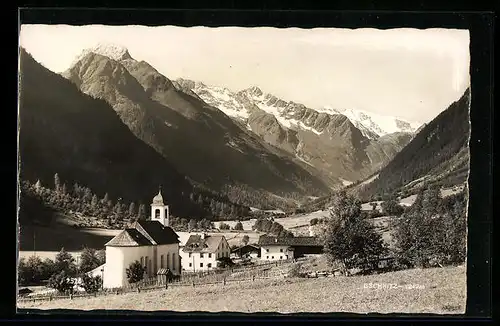 AK Gschnitz, Ortsansicht mit Kirche und Bergen