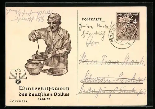 AK WHW Winterhilfswerk, Köchin beim Portionieren von Suppe, Ganzsache