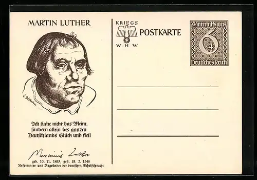 AK Martin Luther, 1483-1546, Ich suche nicht das Meine..., WHW Winterhilfswerk, Ganzsache