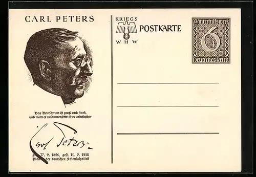 AK Carl Peters, Das Deutschtum ist gross und stark...,  WHW Winterhilfswerk, Ganzsache