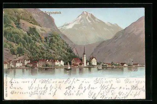 Lithographie Künzli Nr. 5021: Flüelen am Urnersee, Bristenstock und St. Gotthard, Berg mit Gesicht / Berggesichter