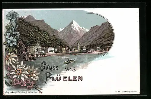 Lithographie Flüelen, Hafenpartie, Alpenpanorama