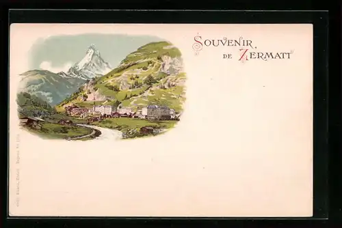 Lithographie Zermatt, Ortspartie mit Bergpanorama