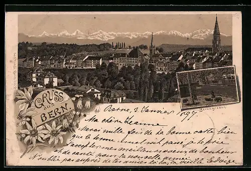 Lithographie Bern, Teilansicht mit Kirchen, Bärengrauen