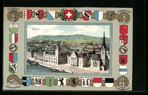 AK Zürich, Ortsansicht aus der Vogelschau mit Wappen