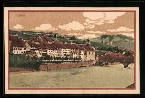 AK Eglisau, Teilansicht mit Brücke über den Rhein