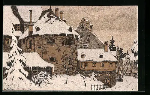 Künstler-AK St. Gallen, Partie am Karlstor im Winter