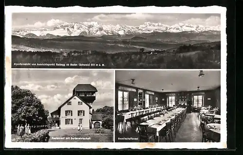 AK Baden, Restaurant Baldegg mit Gartenwirtschaft, Innenansicht Gesellschaftssaal, Alpenfernsicht von Aussichtspunkt