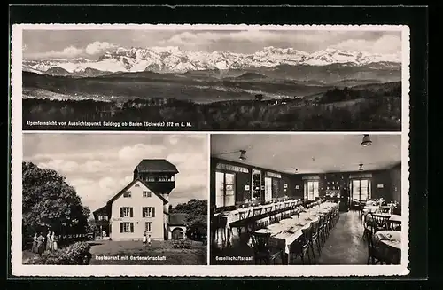 AK Baden, Restaurant Baldegg mit Gartenwirtschaft, Inneres Gesellschaftssaal, Alpenfernsicht von Aussichtspunkt Baldegg
