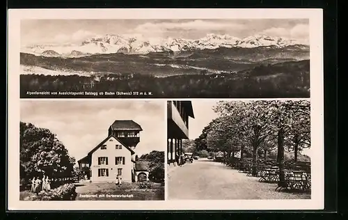 AK Baden, Restaurant Baldegg mit Gartenwirtschaft, Garten, Alpenfernsicht von Aussichtspunkt Baldegg