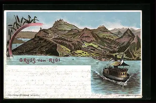 Lithographie Rigi, Blick über den See gen Berg Rigi
