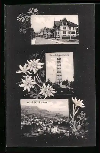 AK Wald, Teilansicht, Bachtel-Aussichtsturm, Strassenpartie