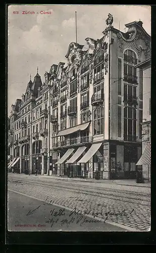 AK Zürich, Strasse Corso mit Geschäft