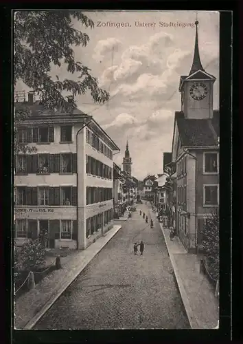 AK Zofingen, Unterer Stadteingang, Strassenpartie mit Gasthaus Zum unteren Tor