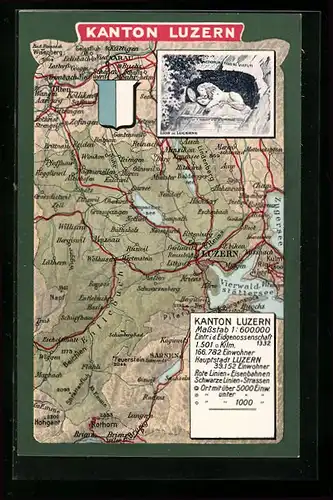 Künstler-AK Zofingen, Lion de Lucerne, Landkarte mit Olten, Willisau und Hergiswil