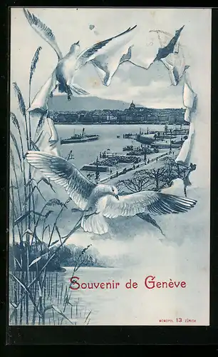 AK Genève, Uferpartie mit Dampfer durch zerrissenes Papier, Passepartout