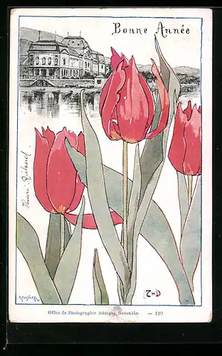 Künstler-AK Neuchatel, Uferpartie mit Tulpen, Neujahrsgruss