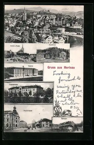 AK Herisau, Ortsansicht, Kirche und Markt, Poststrasse, Tonhalle