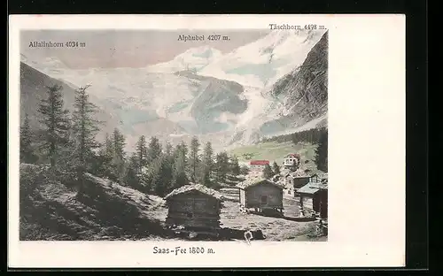 AK Saas-Fee, Ortspartie mit Allalinhorn, Alphubel und Täschhorn