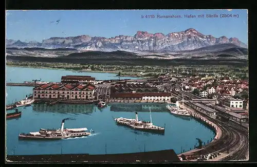 AK Romanshorn, Dampfer im Hafen, Säntis