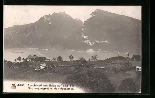 AK Aeschiried, Ortsansicht mit Blick auf den See und das Justisthal