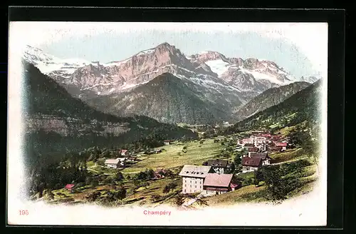 AK Champéry, Luftbild mit den Bergen
