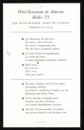 AK Riddes VS, Hotel-Restaurant du Muveran, Chef de Cuisine Jos. Maye-Schmid