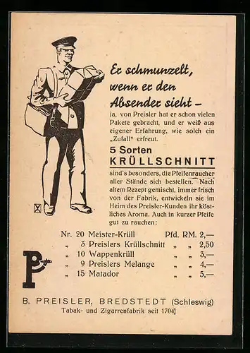 Künstler-AK Reklame für Krüllschnitt-Tabak von B. Preisler
