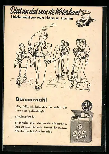 Künstler-AK Reklame für See-Sport Zigaretten, Damenwahl