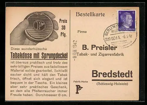 AK Reklame für B. Preisler Tabak- und Zigarrenfabrik, Tabakdose mit Sprungdeckel