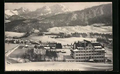 AK Château-d’Oex, Grand Hotel Berthod et la Gumfluh en hiver