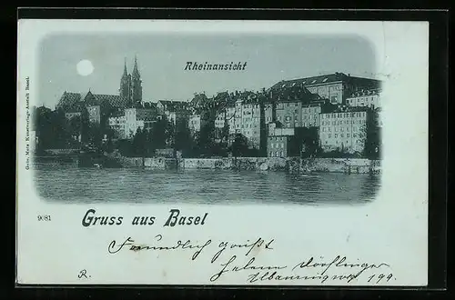 Mondschein-AK Basel, Rheinansicht mit Kirche