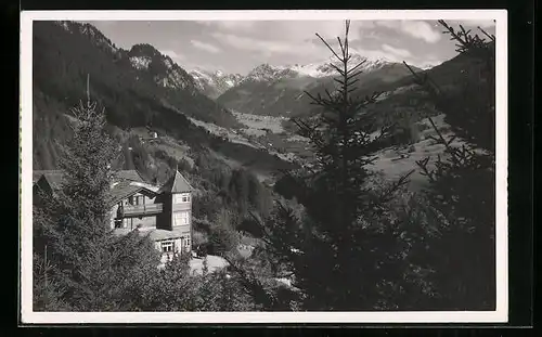 AK Saas /Prätigau, Pension Waldhof mit Bergblick aus der Vogelschau