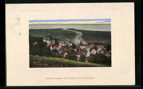 AK Walzenhausen, Ortsansicht mit Rhein und Bodensee