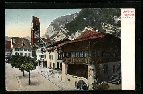 AK Unterseen, Teilansicht, Heidenhäuser und Kirche