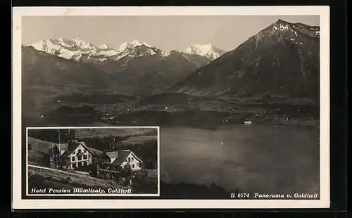 AK Goldiwil, Hotel Pension Blümlisalp, Panorama des Ortes