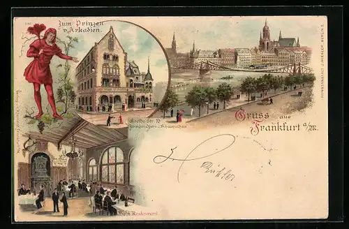 Lithographie Frankfurt /Main, Gasthaus zum Prinzen von Arkadien, Goethestrasse 10, Stadtpanorama