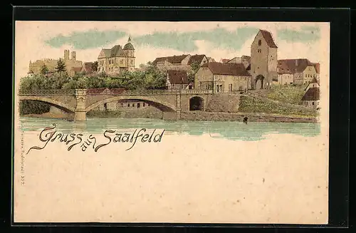 Lithographie Saalfeld, Flusspartie mit Panorama
