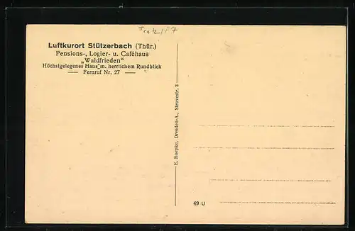 AK Stützerbach /Thür., Pensions-, Logier- u. Cafehaus Waldfrieden