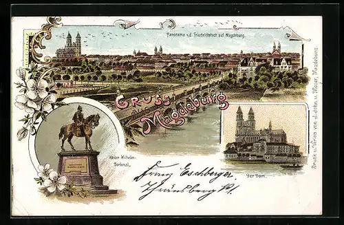 Lithographie Magdeburg, Panorama, Der Dom und Kaiser Wilhelm Denkmal