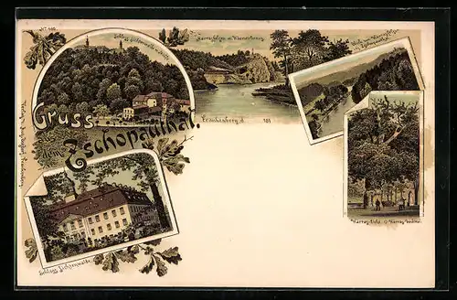 Lithographie Lichtenwalde, Schloss, Harrafelsen m. Körnerkreuz, Zschopauthal