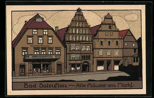 Steindruck-AK Bad Salzuflen, Alte Häuser am Markt