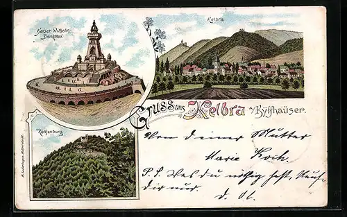 Lithographie Kelbra a. Kyffhäuser, Teilansicht, Rothenburg, Kaiser Wilhelm-Denkmal